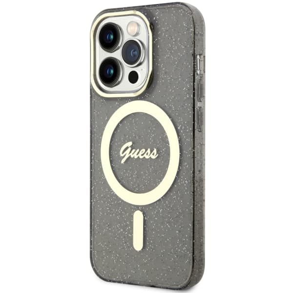 Guess Glitter Gold MagSafe-etui til iPhone 14 Pro Max, sort