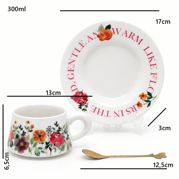 Jumbo 300 ml kopp med fat Blommor + guldsked present