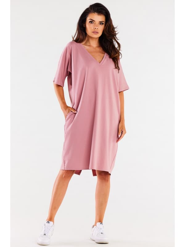 Løs, oversized midikjole med V-hals, pink. One size.