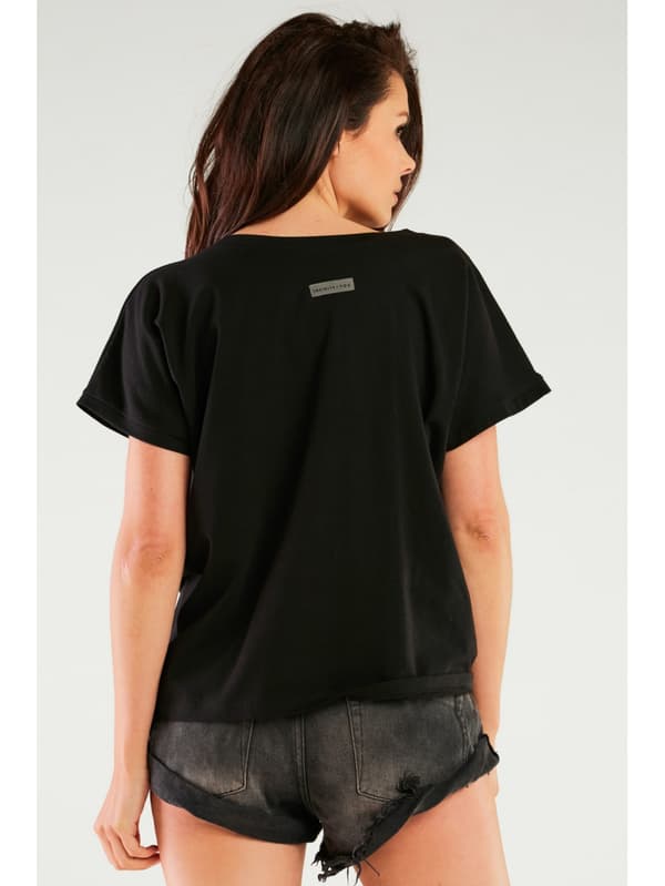 Bluse med V-hals og korte ærmer, sort. One size.