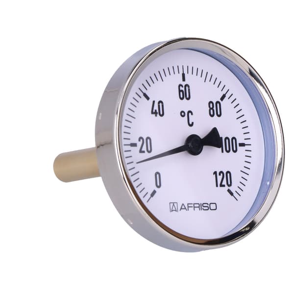 BiTh 80 bimetallisk termometer, diameter 80 mm, 0-120°C, muffe L 63 mm, 1/2 tomme