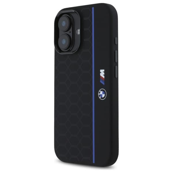 BMW Silikone Hexagon Blue Line MagSafe-etui til iPhone 16, Sort