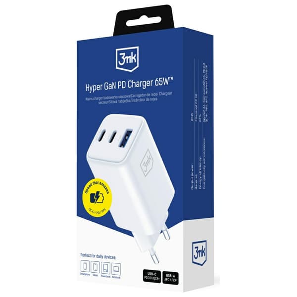 3MK Hyper GaN-laddare 65W 1xUSB-A 2xUSB-C PD QC4+, vit