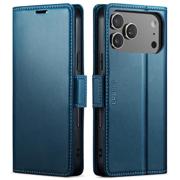 ERBORD Glossy Litchi iPhone 17 Pro Max cover, pung med klap, blå