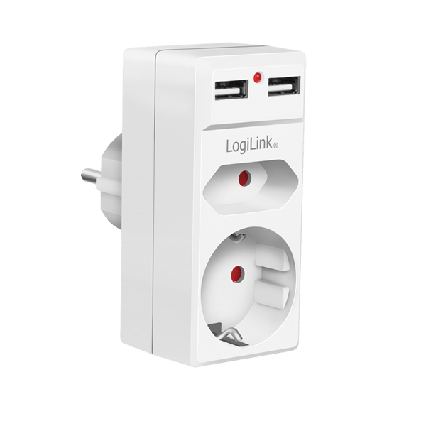 LogiLink elektrisk splitter, 2 uttag, 2xUSB-A laddare, 3680W, vit