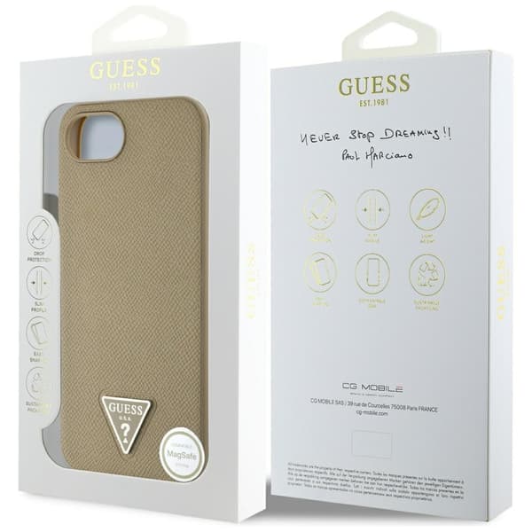 Guess Grained Triangle MagSafe -kotelo iPhone 16e / 17e:lle, ruskea
