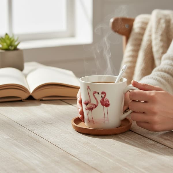 Flamingo keramisk mugg och sked presentset