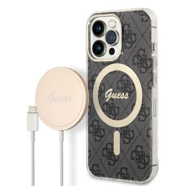 Guess GUBPP13LH4EACSK Etui + Oplader Sæt iPhone 13 Pro Sort/sort hårdt etui 4G Print MagSafe