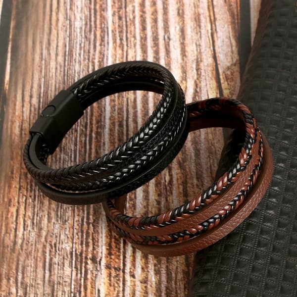 Herreflettet læderarmbånd mørkebrun titanium gave 4 i 1