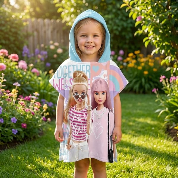 Barbie poncho med hætte til børn i bomuld til pool og strand