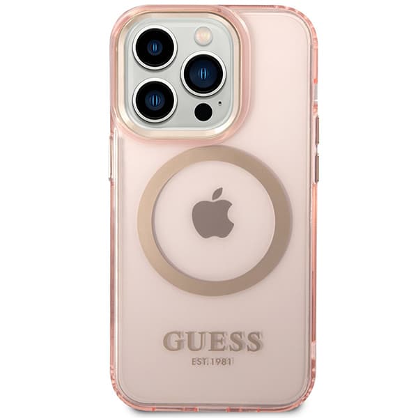 Guess Gold Outline Translucent MagSafe-etui til iPhone 14 Pro Max, lyserød