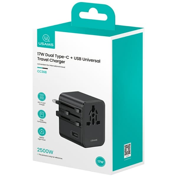 USAMS Rejseadapter CC308 USB-C + USB-A 17W 4-i-1 US/AU/EU/UK Sort
