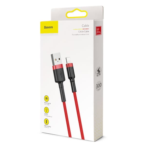Kestävä Nylon-kaapeli USB - iPhone Lightning QC3 3m - Punainen