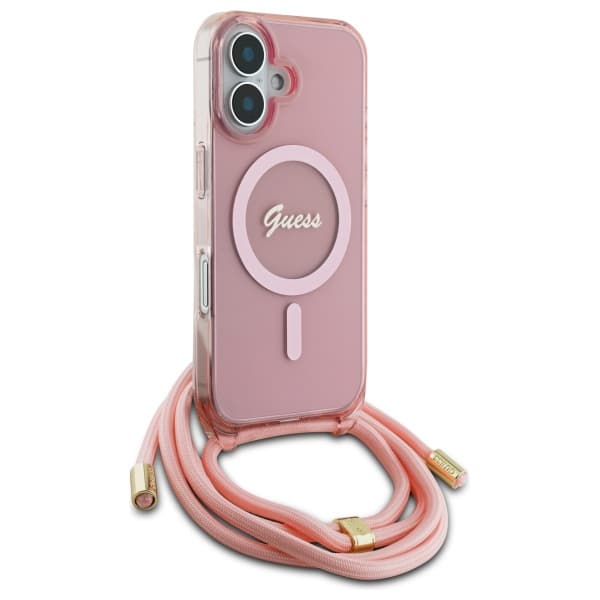 Guess Crossbody Cord Script MagSafe-etui til iPhone 16, lyserød