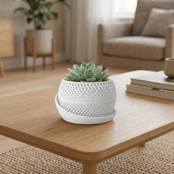Dekorativ vit rottingblomkruka + växtbricka