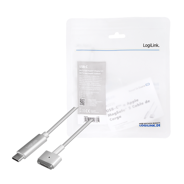 LogiLink USB-C til Magsafe2-kabel, PD, 1,8 m, MacBook Pro/Air 2012-2017, sølv
