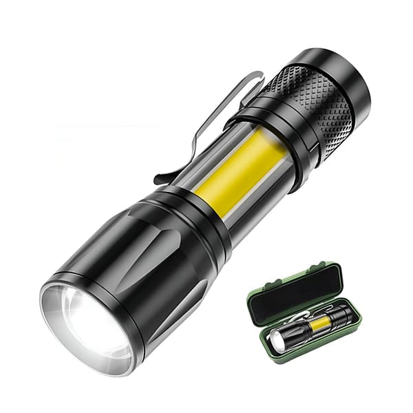 taktinen LED-zoom-taskulamppu sivuklipsulla, USB-ladattava