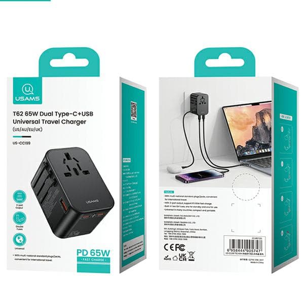 USAMS 1xUSB+2xUSB-C T62 65W 4-i-1 netværksadapter US/AU/EU/UK sort