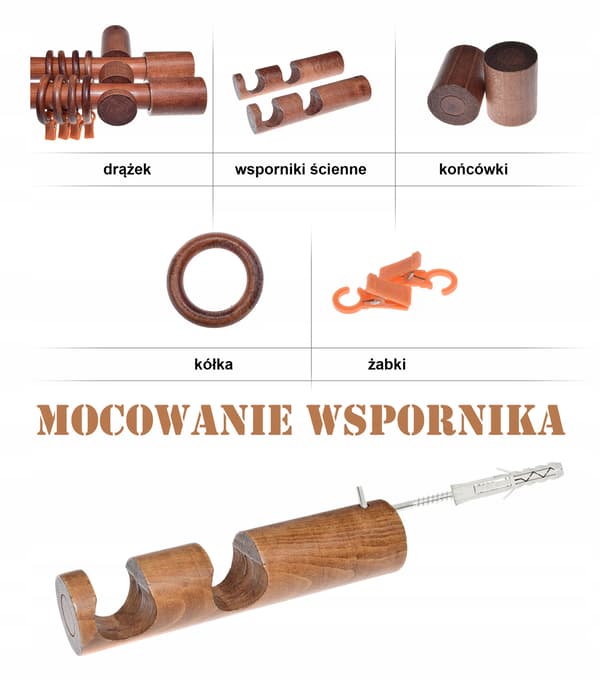 Dubbel gardinstång i trä, alfärgad, 140 cm, cylinder