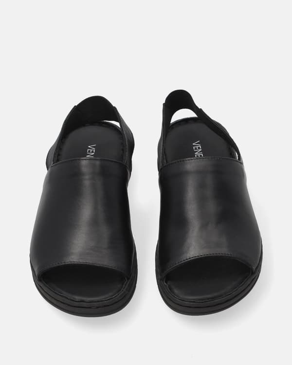 Sorte damesandaler i læder med elastisk rem Sorte damesandaler i læder med elastisk rem 37