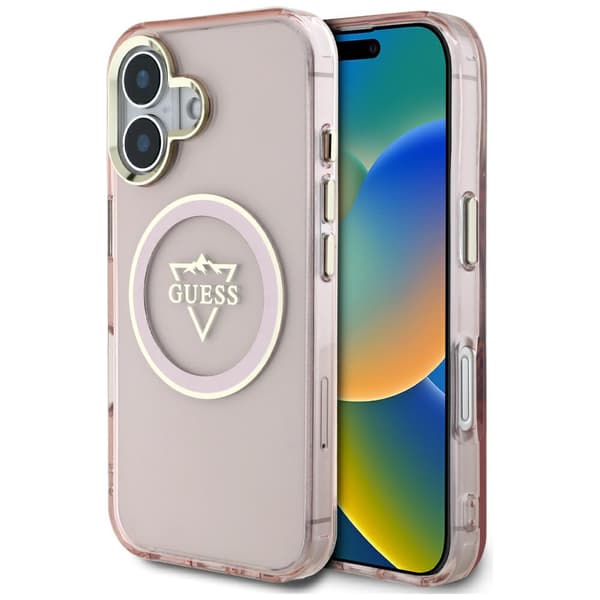 Guess IML Metal Mountain Logo MagSafe-etui til iPhone 16, lyserød