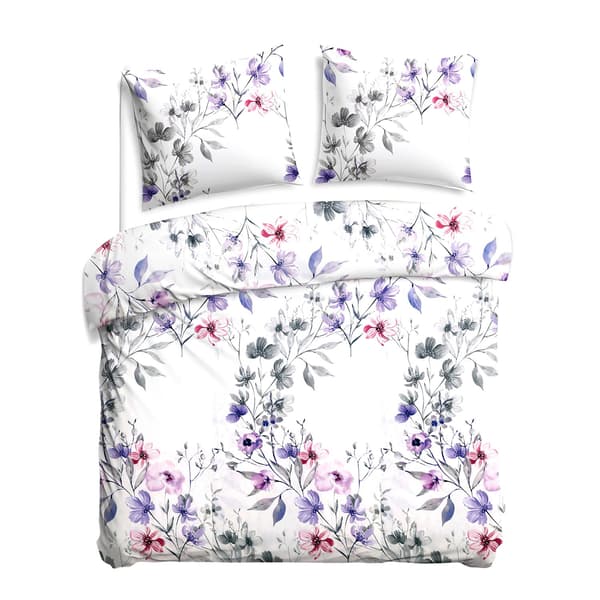 Bomullssängkläder 220x200 satin BOMULL blommor i lila och grått