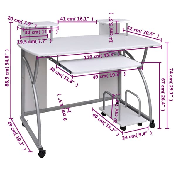 vidaXL computerbord, hvid, 110x52x88,5 cm