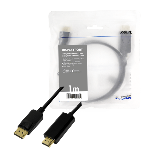 Logilink DisplayPort-kabel, DP/M til HDMI-A/M, 4K/30 Hz, sort, 1 m