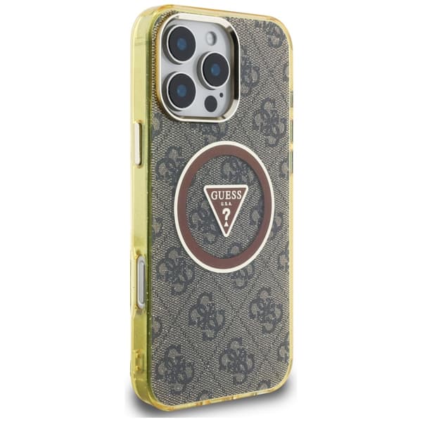 Guess IML Metal Glitter 4G Circle Triangle MagSafe-etui til iPhone 16 Pro brunt