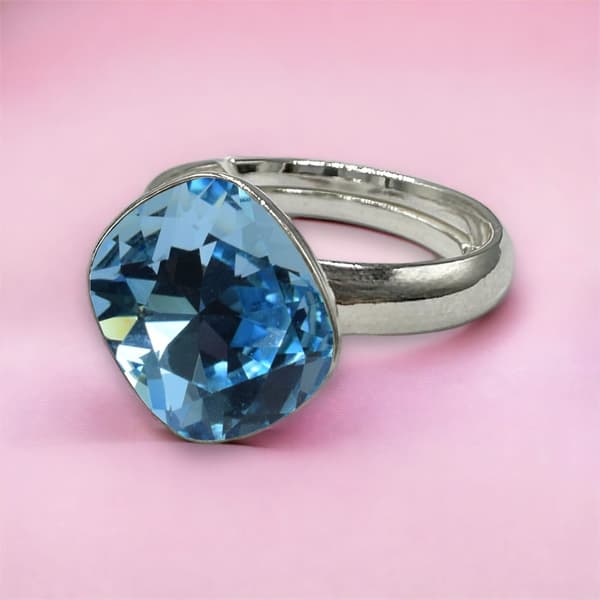 Silver Romb Ring med Märkt Kristall - Akvamarin - 925 Silver - Justerbar Universal
