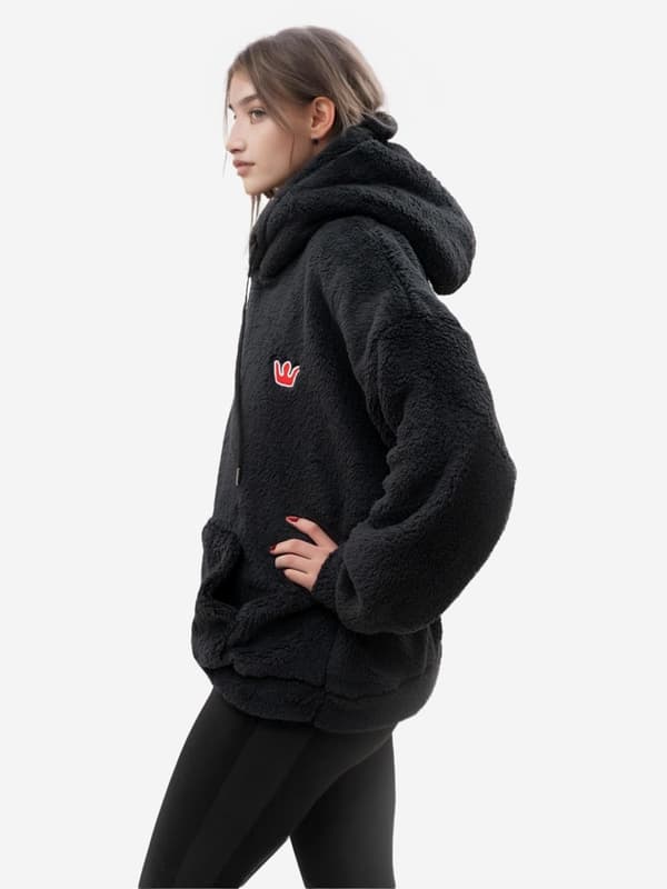 Dame Oversize Sort Teddy Simple Crown Sherpa Hættetrøje S