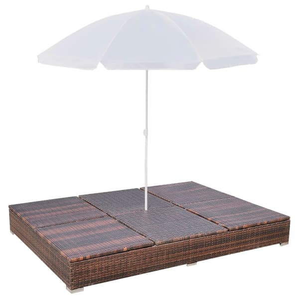 vidaXL polyrattan liggestol med parasol, brun