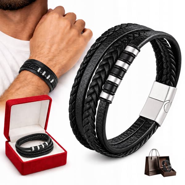 HERRLÄDERARMBAND SILVERFLÄTAT LÄDER GÅVA TILL HANDEN SVART