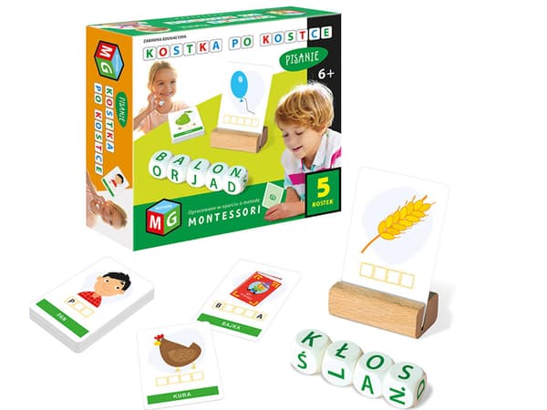 Montessori-terningspil, skrivning på terningen, 5 terninger, multispil, pædagogisk, 6+