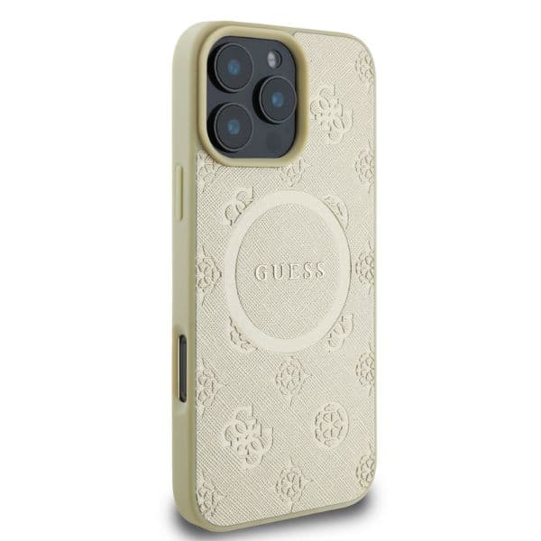 Guess Saffiano Peony Classic Logo MagSafe-etui til iPhone 16 Pro, guld