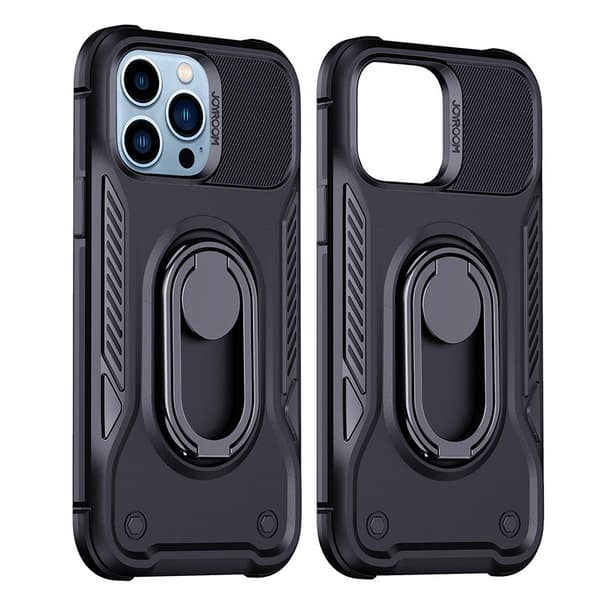 iPhone 14 Pro cover, pansret cover med stativ og ringholder, sort