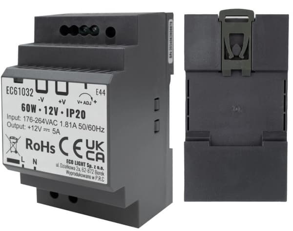 PREMIUM 12V 60W 5A DIN-skinne strømforsyning til IP20 Ecolight intercom