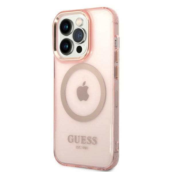 Guess Gold Outline Translucent MagSafe-etui til iPhone 14 Pro, lyserød