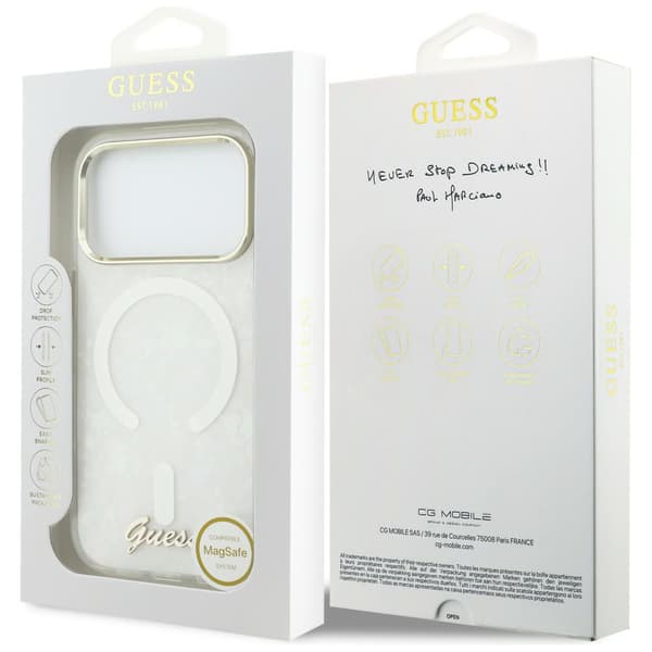 Guess IML Shell Script Metal MagSafe-cover til iPhone 17 Pro Max, hvidt