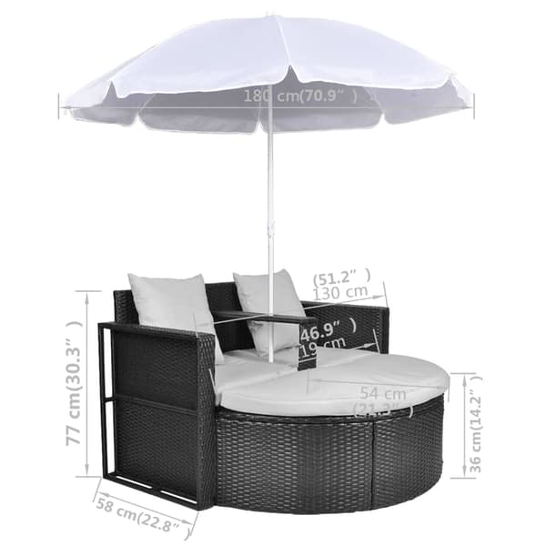 vidaXL havebed i polyrattan med parasol, sort