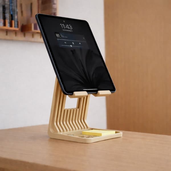 Beige iPad-surfplatta, bordsstativ med kabelgenomföring