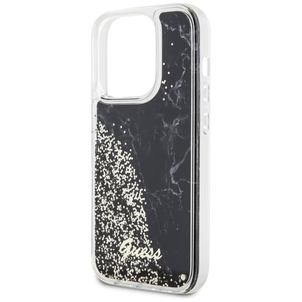 Guess Liquid Glitter Marble -suojakuori iPhone 14 Prolle, musta