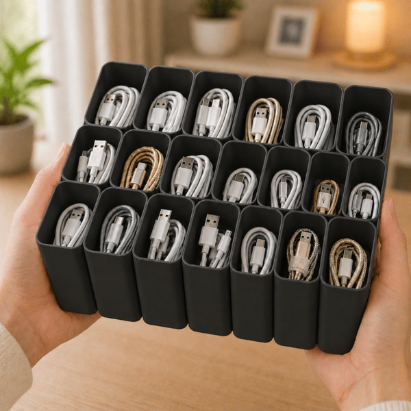 USB-kabelorganisator sort skuffeopladerholder