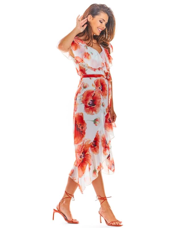 Asymmetrisk chiffongklänning sommar röd vallmo M