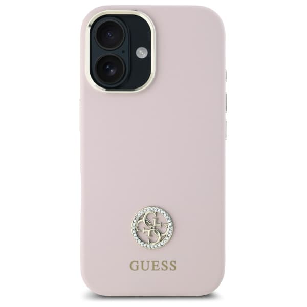 Guess Silikone Logo Strass 4G Etui til iPhone 16, lyserød/lyserød