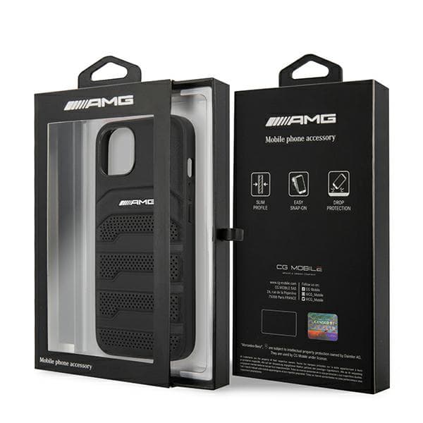 AMG lædercover med prægede linjer og sort logo til iPhone 14 Plus, sort