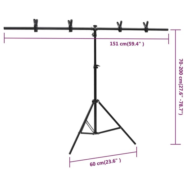 vidaXL T-formet baggrundsstativ sort 151x60x(70-200) cm