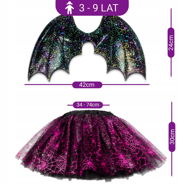 Helloween Set Häxa Fladdermuskostym + Hatt + Vingar + Trollstav H32
