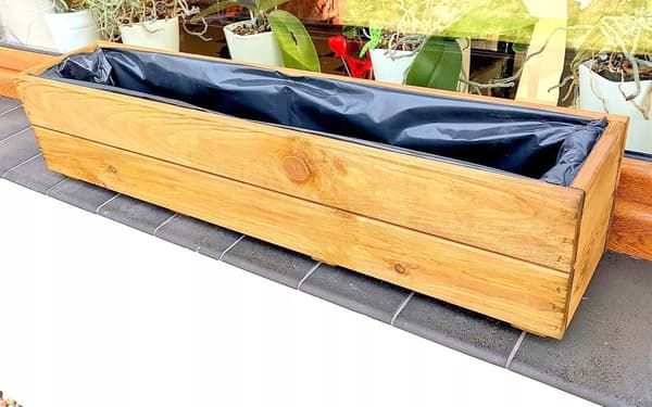 Blomkruka för balkong, fönsterbräda, trä, rektangulär, bricka, teakfärgad, 60x18 D27