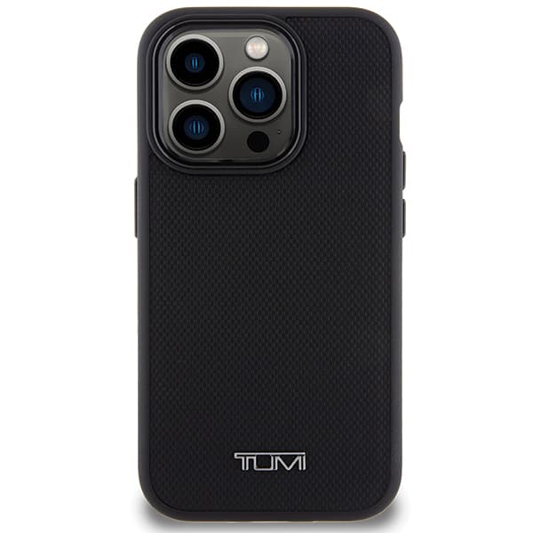Tumi Leather Ballistic Pattern MagSafe -kotelo iPhone 15 Prolle, musta